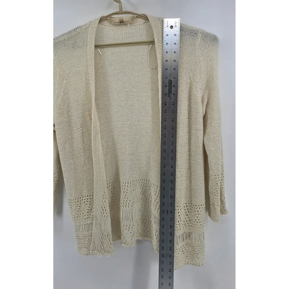 Michael Kors Womens Cardigan Cream Crochet Fringe Open Front Boho Layering